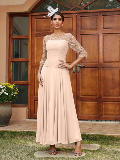 Robe de Soirée Longue à Manches Mi-Longues et Col Transparent Coupe A-Line/Princess avec Appliques
