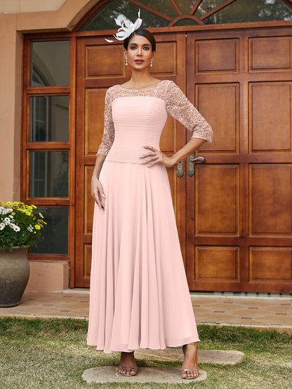 Robe de Soirée Longue à Manches Mi-Longues et Col Transparent Coupe A-Line/Princess avec Appliques