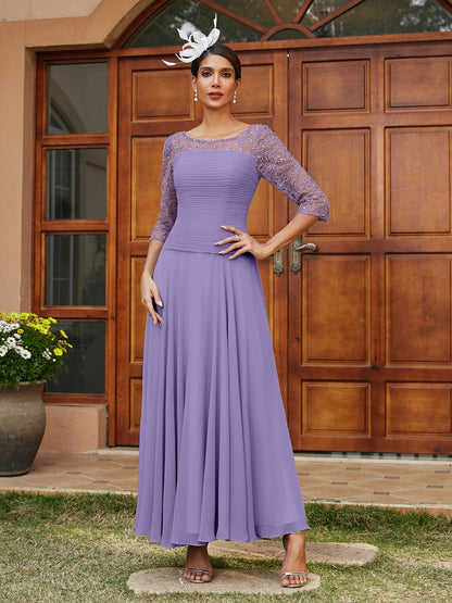 Robe de Soirée Longue à Manches Mi-Longues et Col Transparent Coupe A-Line/Princess avec Appliques