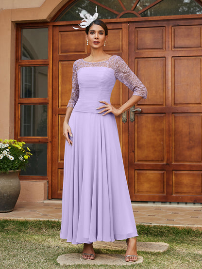 Robe de Soirée Longue à Manches Mi-Longues et Col Transparent Coupe A-Line/Princess avec Appliques