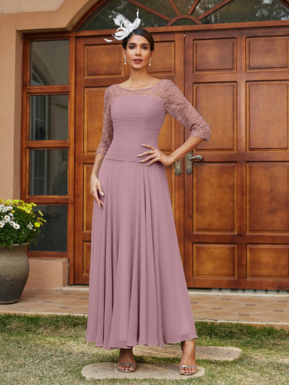 Robe de Soirée Longue à Manches Mi-Longues et Col Transparent Coupe A-Line/Princess avec Appliques