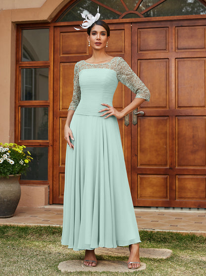 Robe de Soirée Longue à Manches Mi-Longues et Col Transparent Coupe A-Line/Princess avec Appliques