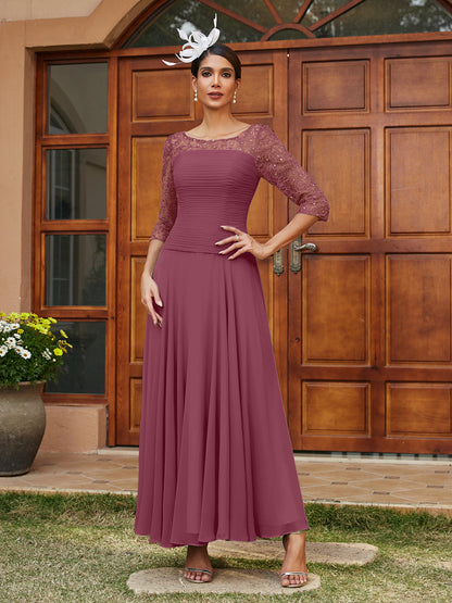 Robe de Soirée Longue à Manches Mi-Longues et Col Transparent Coupe A-Line/Princess avec Appliques
