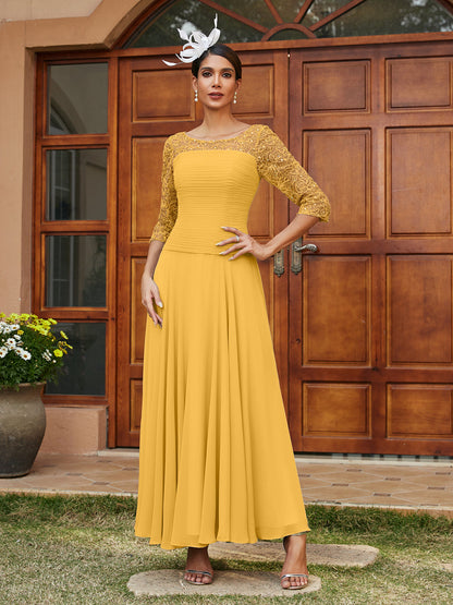Robe de Soirée Longue à Manches Mi-Longues et Col Transparent Coupe A-Line/Princess avec Appliques