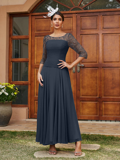 Robe de Soirée Longue à Manches Mi-Longues et Col Transparent Coupe A-Line/Princess avec Appliques