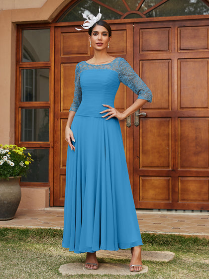 Robe de Soirée Longue à Manches Mi-Longues et Col Transparent Coupe A-Line/Princess avec Appliques