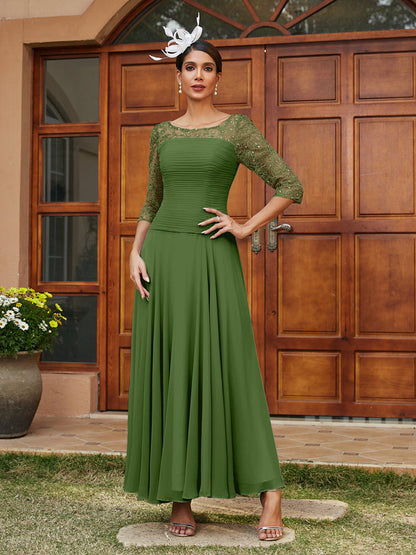 Robe de Soirée Longue à Manches Mi-Longues et Col Transparent Coupe A-Line/Princess avec Appliques