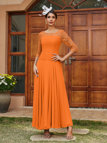 Robe de Soirée Longue à Manches Mi-Longues et Col Transparent Coupe A-Line/Princess avec Appliques
