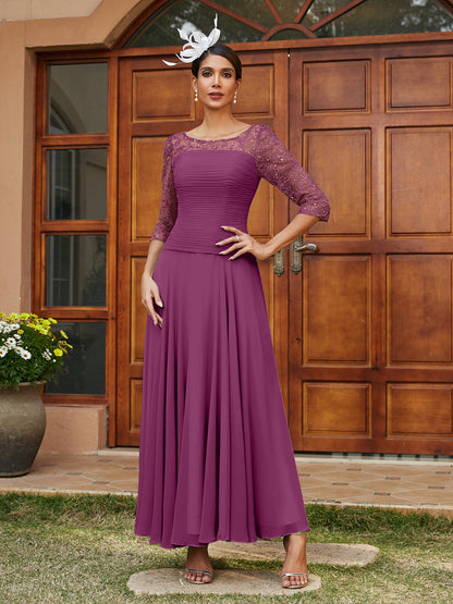 Robe de Soirée Longue à Manches Mi-Longues et Col Transparent Coupe A-Line/Princess avec Appliques