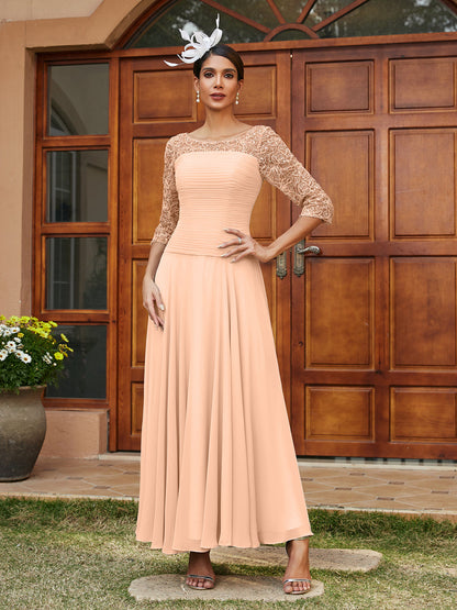 Robe de Soirée Longue à Manches Mi-Longues et Col Transparent Coupe A-Line/Princess avec Appliques