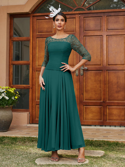 Robe de Soirée Longue à Manches Mi-Longues et Col Transparent Coupe A-Line/Princess avec Appliques