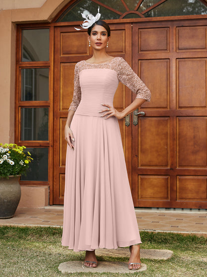 Robe de Soirée Longue à Manches Mi-Longues et Col Transparent Coupe A-Line/Princess avec Appliques