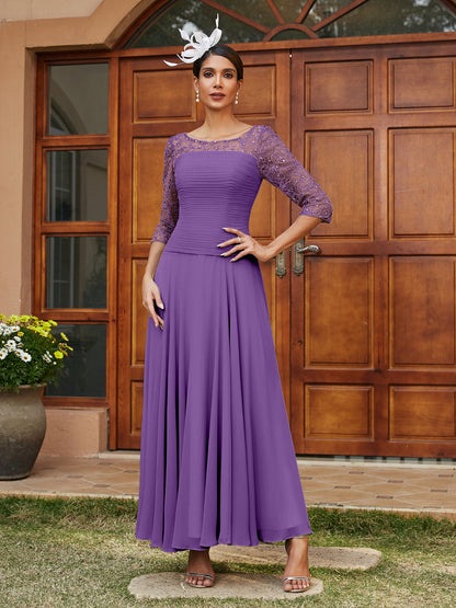 Robe de Soirée Longue à Manches Mi-Longues et Col Transparent Coupe A-Line/Princess avec Appliques