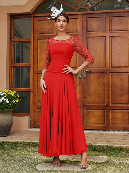 Robe de Soirée Longue à Manches Mi-Longues et Col Transparent Coupe A-Line/Princess avec Appliques