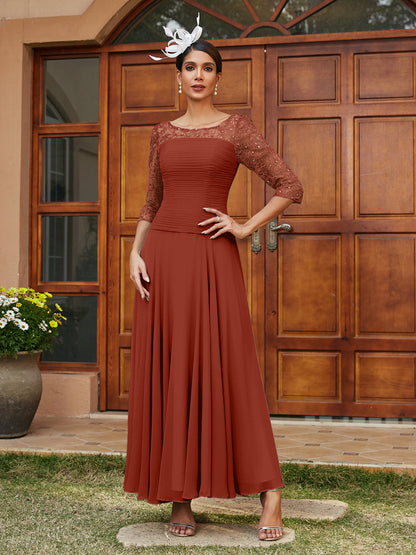 Robe de Soirée Longue à Manches Mi-Longues et Col Transparent Coupe A-Line/Princess avec Appliques