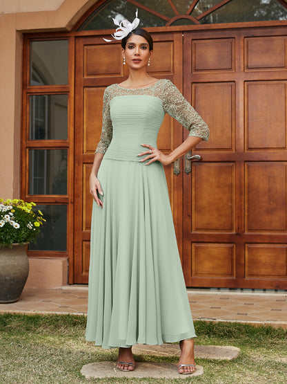 Robe de Soirée Longue à Manches Mi-Longues et Col Transparent Coupe A-Line/Princess avec Appliques