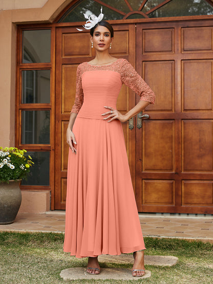 Robe de Soirée Longue à Manches Mi-Longues et Col Transparent Coupe A-Line/Princess avec Appliques
