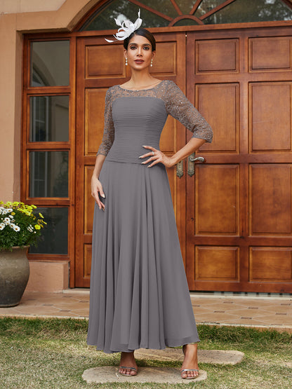 Robe de Soirée Longue à Manches Mi-Longues et Col Transparent Coupe A-Line/Princess avec Appliques