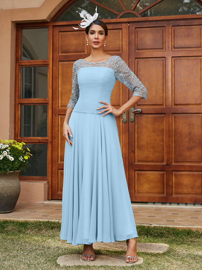 Robe de Soirée Longue à Manches Mi-Longues et Col Transparent Coupe A-Line/Princess avec Appliques