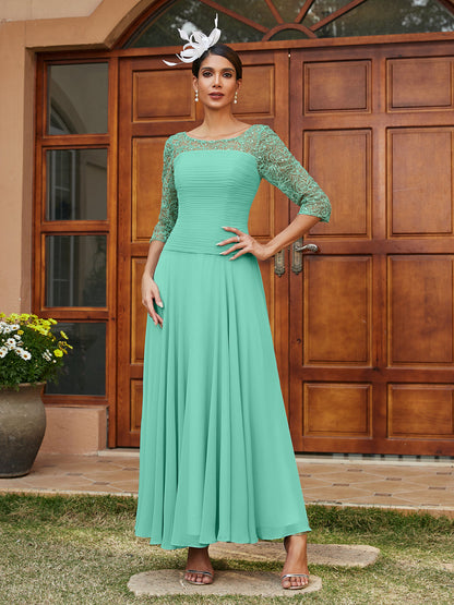 Robe de Soirée Longue à Manches Mi-Longues et Col Transparent Coupe A-Line/Princess avec Appliques