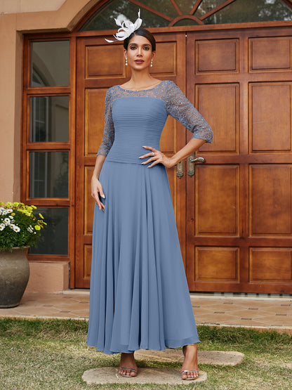 Robe de Soirée Longue à Manches Mi-Longues et Col Transparent Coupe A-Line/Princess avec Appliques