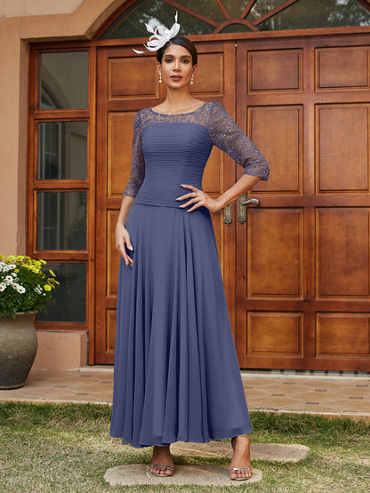 Robe de Soirée Longue à Manches Mi-Longues et Col Transparent Coupe A-Line/Princess avec Appliques