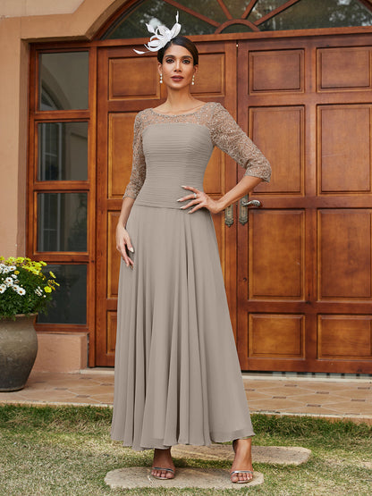 Robe de Soirée Longue à Manches Mi-Longues et Col Transparent Coupe A-Line/Princess avec Appliques