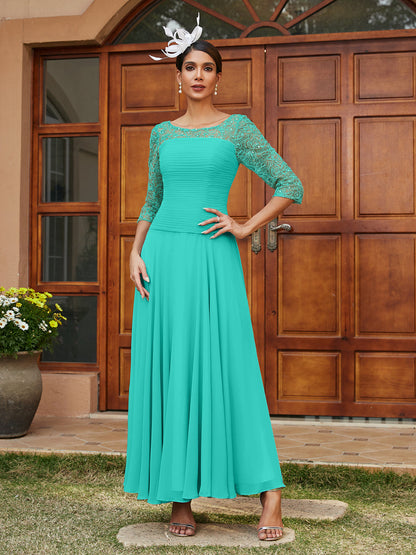 Robe de Soirée Longue à Manches Mi-Longues et Col Transparent Coupe A-Line/Princess avec Appliques