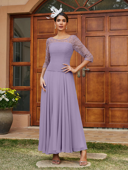 Robe de Soirée Longue à Manches Mi-Longues et Col Transparent Coupe A-Line/Princess avec Appliques