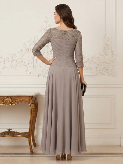 Robe de la mère de la mariée trapèze, col rond, demi-manches, longueur cheville avec appliqués
