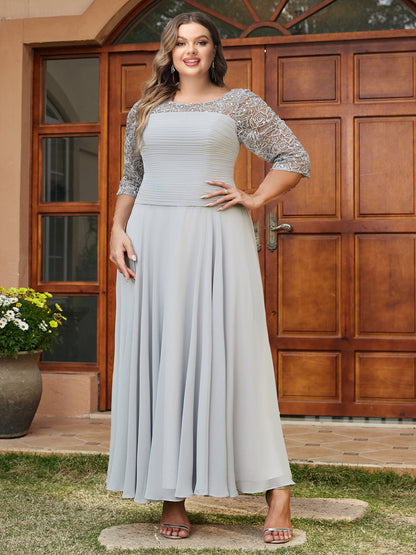 Robe de Soirée Trapèze/Princesse Longue à Col Transparent et Manches Mi-Longues, Grande Taille avec Applications