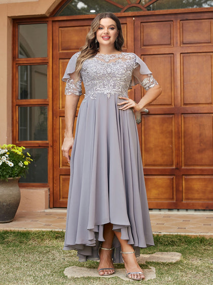 Robe de Soirée Trapèze/Princesse Longue à Col Transparent et Manches Mi-Longues, Grande Taille avec Applications