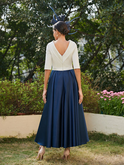 Robe de Soirée Longue à Col Montant et Manches Mi-Longues Coupe A-Line/Princesse avec Strass