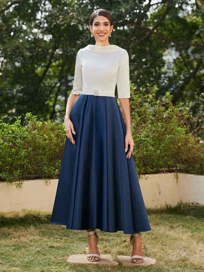 Robe de Soirée Longue à Col Montant et Manches Mi-Longues Coupe A-Line/Princesse avec Strass