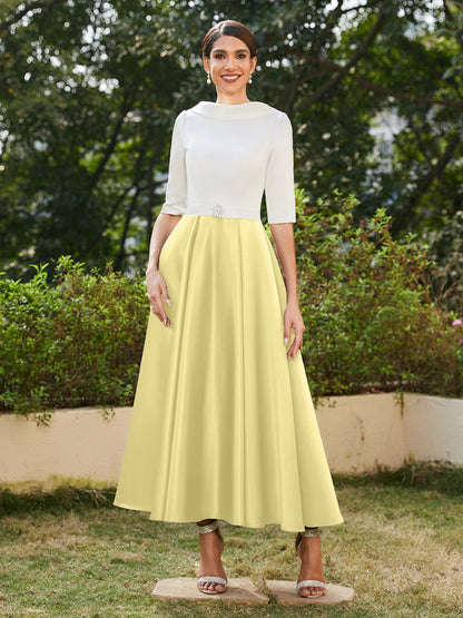 Robe de Soirée Longue à Col Montant et Manches Mi-Longues Coupe A-Line/Princesse avec Strass