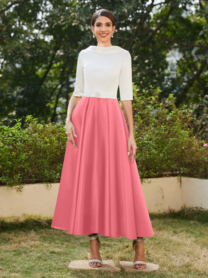 Robe de Soirée Longue à Col Montant et Manches Mi-Longues Coupe A-Line/Princesse avec Strass