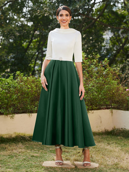Robe de Soirée Longue à Col Montant et Manches Mi-Longues Coupe A-Line/Princesse avec Strass