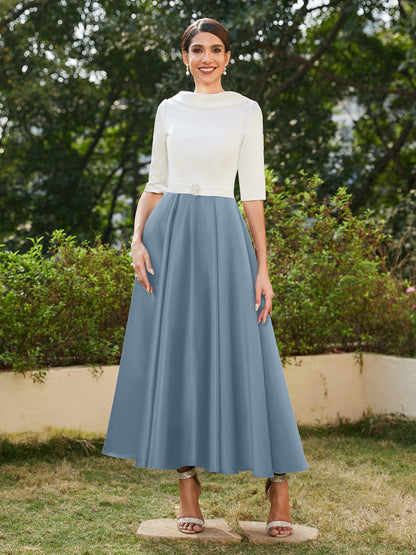 Robe de Soirée Longue à Col Montant et Manches Mi-Longues Coupe A-Line/Princesse avec Strass