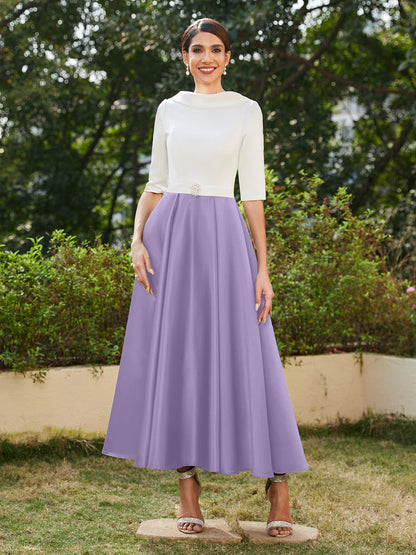 Robe de Soirée Longue à Col Montant et Manches Mi-Longues Coupe A-Line/Princesse avec Strass