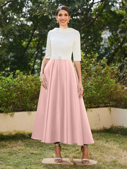 Robe de Soirée Longue à Col Montant et Manches Mi-Longues Coupe A-Line/Princesse avec Strass