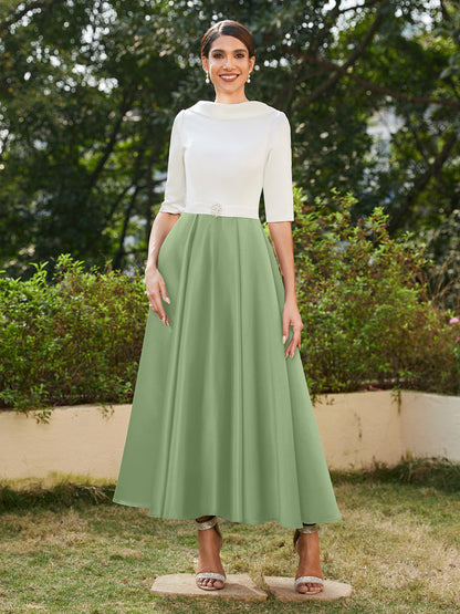 Robe de Soirée Longue à Col Montant et Manches Mi-Longues Coupe A-Line/Princesse avec Strass