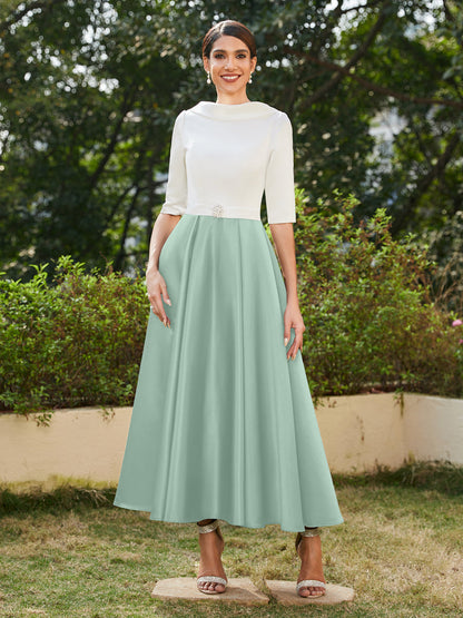 Robe de Soirée Longue à Col Montant et Manches Mi-Longues Coupe A-Line/Princesse avec Strass