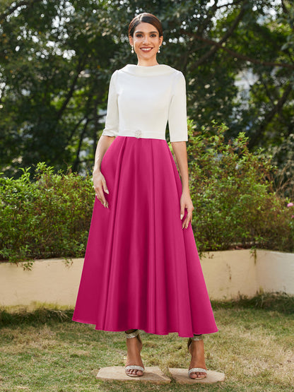 Robe de Soirée Longue à Col Montant et Manches Mi-Longues Coupe A-Line/Princesse avec Strass