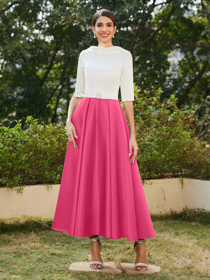Robe de Soirée Longue à Col Montant et Manches Mi-Longues Coupe A-Line/Princesse avec Strass