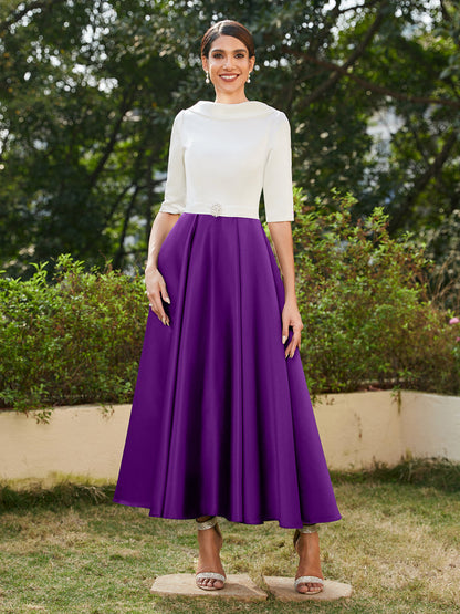 Robe de Soirée Longue à Col Montant et Manches Mi-Longues Coupe A-Line/Princesse avec Strass