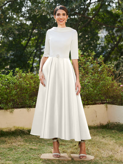 Robe de Soirée Longue à Col Montant et Manches Mi-Longues Coupe A-Line/Princesse avec Strass