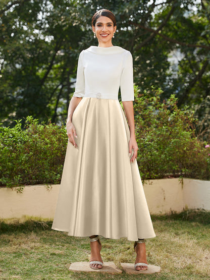 Robe de Soirée Longue à Col Montant et Manches Mi-Longues Coupe A-Line/Princesse avec Strass