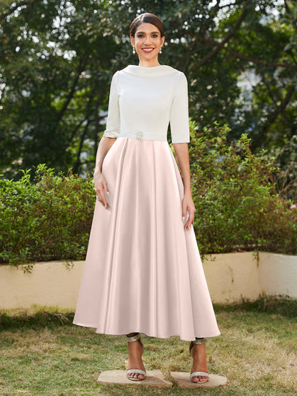Robe de Soirée Longue à Col Montant et Manches Mi-Longues Coupe A-Line/Princesse avec Strass
