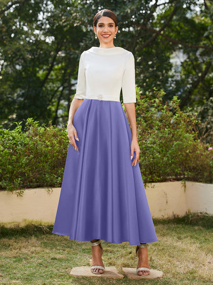 Robe de Soirée Longue à Col Montant et Manches Mi-Longues Coupe A-Line/Princesse avec Strass