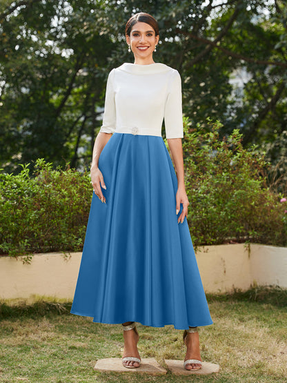 Robe de Soirée Longue à Col Montant et Manches Mi-Longues Coupe A-Line/Princesse avec Strass
